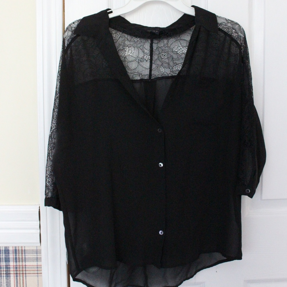 SHEER BLACK BUTTON DOWN WITH LACE BACK AND SLEEVES